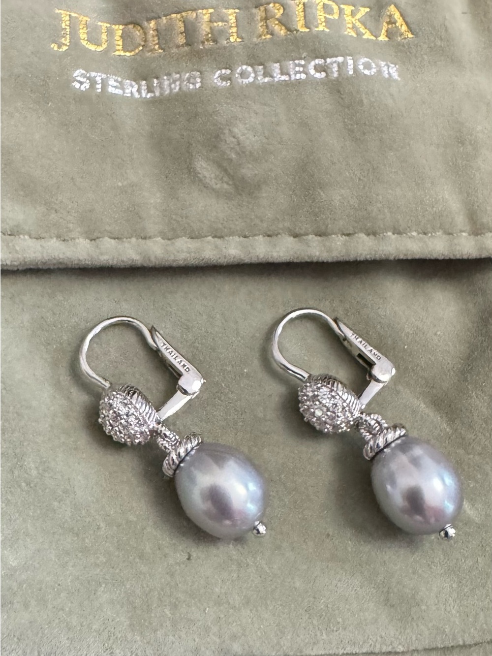 Judith Ripka Sterling Silver Gray Pearl Drop Earrings with Diamonique Accents - Picture 3 of 8